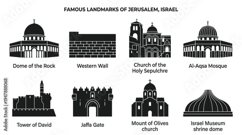 Jerusalem Landmarks Vector Icon Set – Israel Heritage Vectors Featuring Dome of the Rock, Western Wall, Church of the Holy Sepulchre, Al-Aqsa Mosque, and City Gates