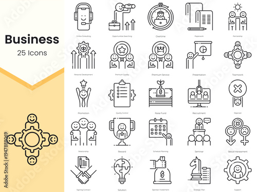 Simple Outline Set of Business Icons. Thin Line Collection contains such Icons as overtime, paperwork, partnership, personal development and more