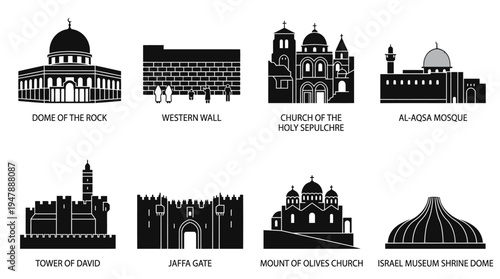Jerusalem Landmarks Vector Icon Set – Israel Heritage Vectors Featuring Dome of the Rock, Western Wall, Church of the Holy Sepulchre, Al-Aqsa Mosque, and City Gates