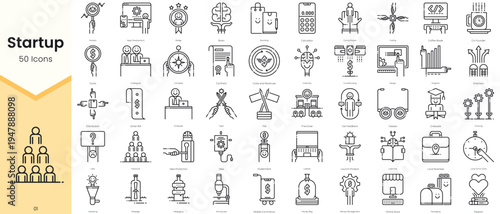 Simple Outline Set of Startup Icons. Thin Line Collection contains such Icons as analysis, apps development, award, badge, brain, branding, calculator and more
