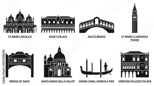 Venice Landmarks Vector Icon Set – Italy Cityscape Vectors Featuring St. Mark’s Basilica, Doge’s Palace, Rialto Bridge, Grand Canal Gondola, Santa Maria della Salute, and Campanile Tower
