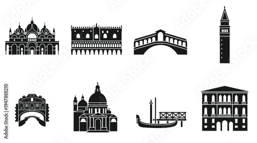 Venice Landmarks Vector Icon Set – Italy Cityscape Vectors Featuring St. Mark’s Basilica, Doge’s Palace, Rialto Bridge, Grand Canal Gondola, Santa Maria della Salute, and Campanile Tower
