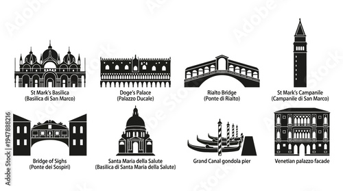 Venice Landmarks Vector Icon Set – Italy Cityscape Vectors Featuring St. Mark’s Basilica, Doge’s Palace, Rialto Bridge, Grand Canal Gondola, Santa Maria della Salute, and Campanile Tower