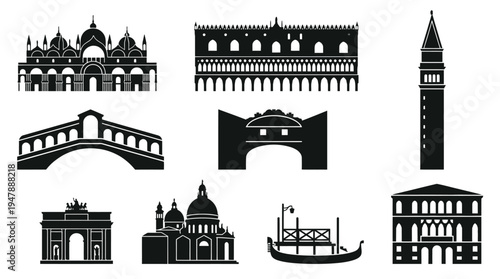 Venice Landmarks Vector Icon Set – Italy Cityscape Vectors Featuring St. Mark’s Basilica, Doge’s Palace, Rialto Bridge, Grand Canal Gondola, Santa Maria della Salute, and Campanile Tower