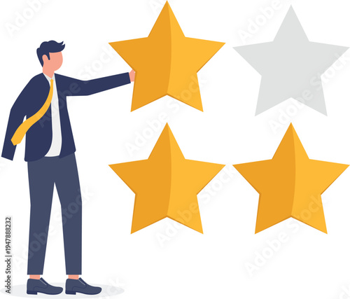 Professional man pointing at a row of gold stars symbolizing quality evaluation service ratings and customer satisfaction