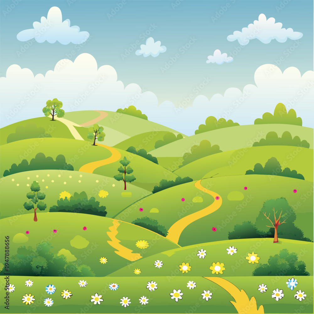 Naklejka premium Cartoon Rolling Hills Landscape with Winding Paths and Flowers Bright Sunny Day