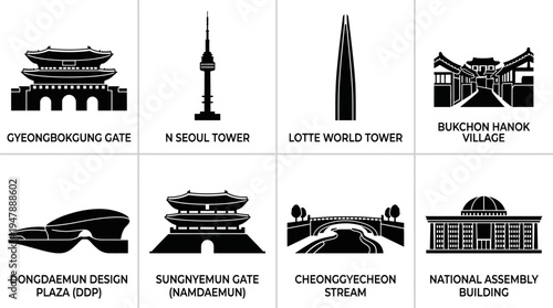 Seoul Landmarks Vector Icon Set – South Korea Cityscape Vectors Featuring Gyeongbokgung, N Seoul Tower, Lotte World Tower, Bukchon Hanok, Cheonggyecheon Stream, and Dongdaemun Design Plaza