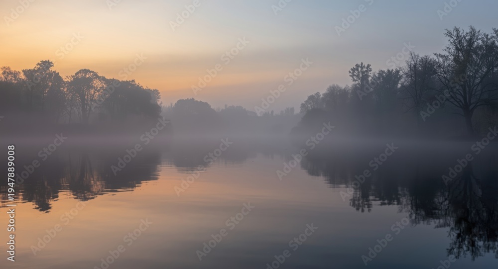Obraz premium Calm water river landscape at dawn with misty fog and quiet tree reflections