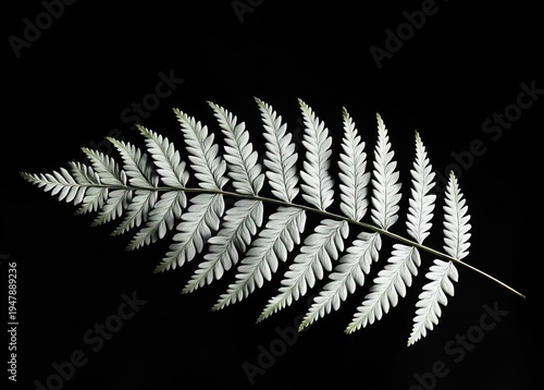 Single silver-toned fern frond with pinnate leaflets on deep black background, delicate symmetrical foliage evoking calm and minimalist elegance
