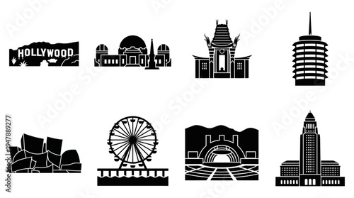 Los Angeles Landmarks Vector Icon Set – Cityscape Vectors Featuring Hollywood Sign, Griffith Observatory, Chinese Theatre, Capitol Records, Ferris Wheel, LA City Hall, and More