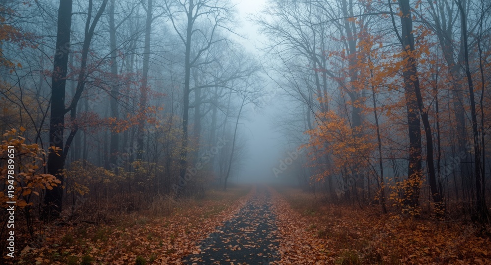 Obraz premium Dreamlike autumn forest trail veiled in soft blue fog with striking orange trees
