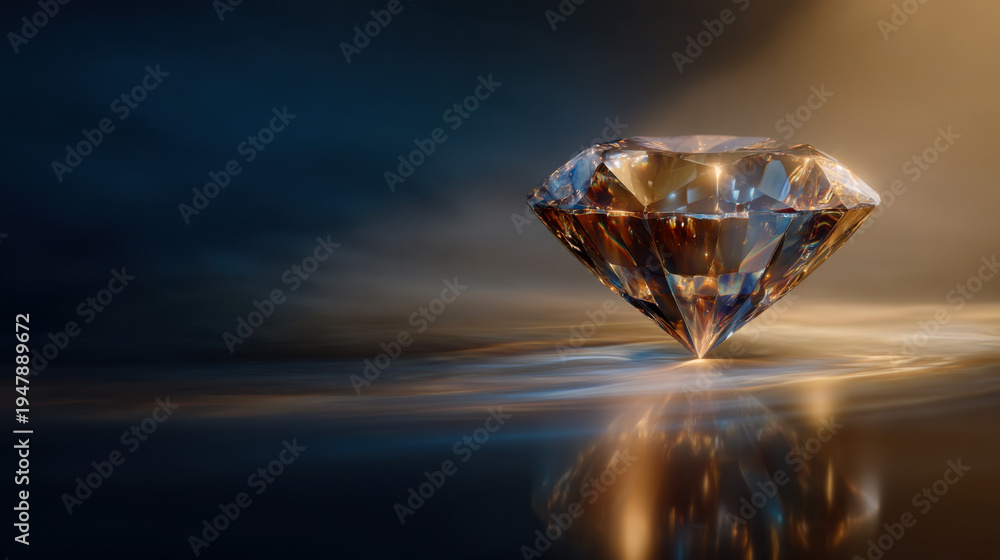 Fototapeta premium Sparkling clear diamond sits on surface reflecting light and creating bright patterns around it in a dark setting