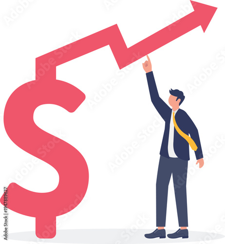 Businessman pointing at a large red zigzag dollar arrow symbolizing volatile market trends and financial fluctuations