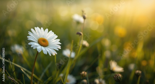 Close up of a blooming daisy in a sunlit meadow with soft bokeh background and copy space