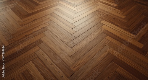 Detailed perspective of smooth wooden floor panels arranged in classic herringbone pattern with high key lighting copy space