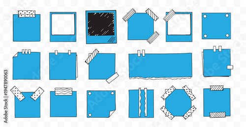 Hand Drawn Sticky Notes Washi Tape Doodle Set. Blue Memo Pads, Polaroid Frames for Reminders, UI, Creative Design