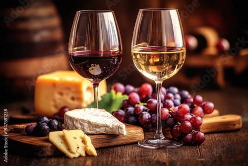 Two glasses of red and white wine with assorted cheeses and clusters of red grapes on a wooden board in a warm, cozy rustic evening setting