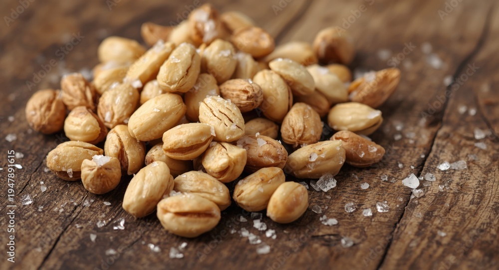 Obraz premium Close up of salted macadamia nuts spread across a rustic wood board showcasing texture
