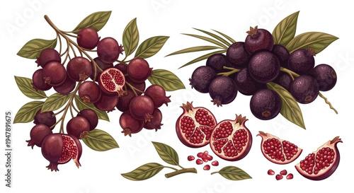 Red pomegranate fruit vector, whole and halved with detailed seeds and grains isolated on white background.