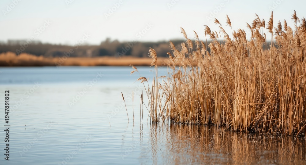 Fototapeta premium Autumn wind brushing through reeds beside a quiet water expanse in a wetland