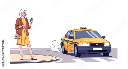 Woman Stands Next To Taxi.