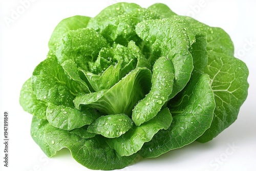 Fresh dewy green lettuce head with crinkled crisp leaves and water droplets on white background, vibrant and refreshing