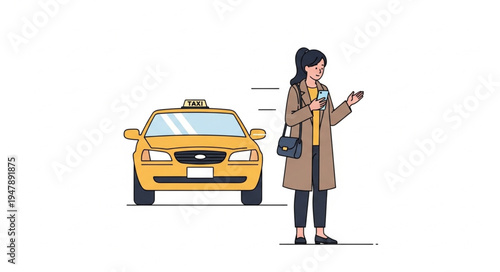 Woman Stands Next to Taxi.