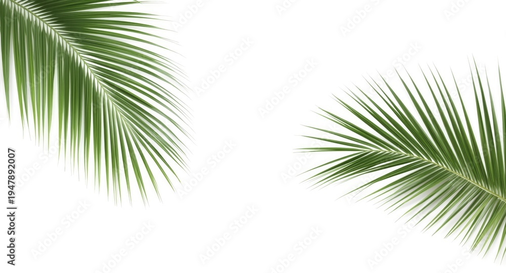 Fototapeta premium Clean white studio background with coconut palm leaves and clipping path effect