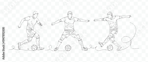 Soccer Players Continuous Line Art Vector Set. Football Athletes in Action Poses. Minimalist Outline Drawing Illustration.