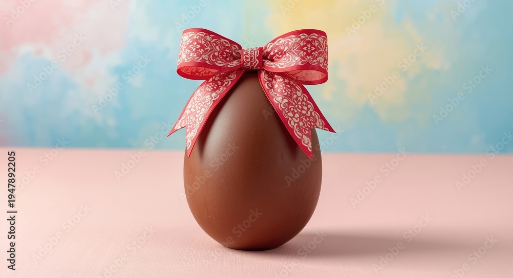 Fototapeta premium Easter chocolate egg featuring an ornamental bow against a cheerful backdrop