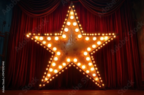 glamorous vintage illuminated star marquee with warm glowing bulbs against red velvet stage curtains, dramatic nostalgic theater ambiance