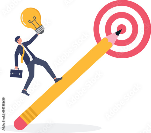 Ambitious businessman climbing a giant yellow pencil towards a target representing education and skill growth