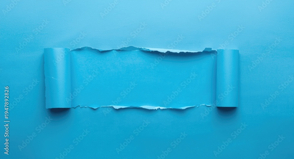 Obraz premium Bright blue torn paper exposed in the middle of a broken blue wall