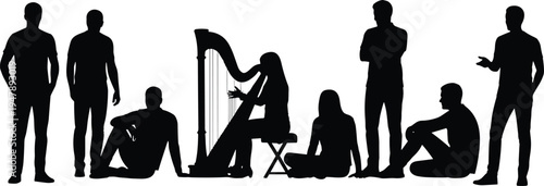 Black silhouette collection of people in various poses featuring a woman playing a harp, men standing and sitting, and a group relaxing on white background