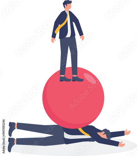 Powerful businessman standing on a giant red ball that is crushing a person representing workplace competition