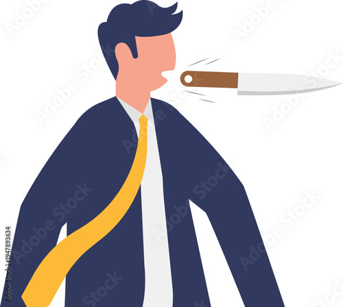 Close up of a businessman with a knife in his mouth representing a cutthroat business environment and competition