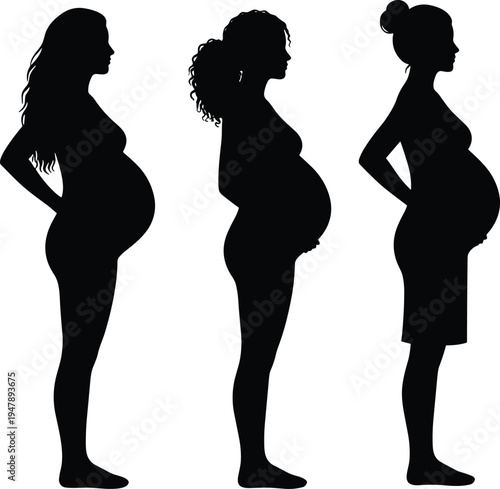 Black silhouette set of three diverse pregnant women standing in profile view showcasing belly growth for maternity healthcare pregnancy wellness and motherhood concept isolated