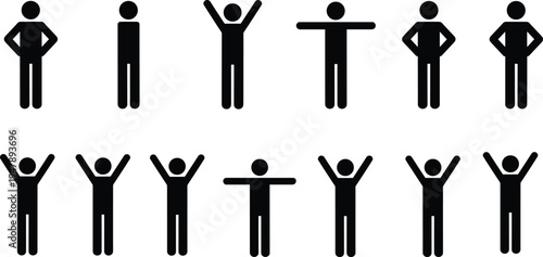 Black stick figure icons set showing various body language poses including hands on hips arms raised in celebration and T-pose isolated on white background