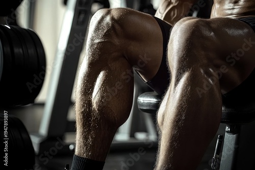 close-up of sweaty muscular legs and thighs seated on a gym bench with dumbbells and equipment, conveying intensity, determination and raw strength