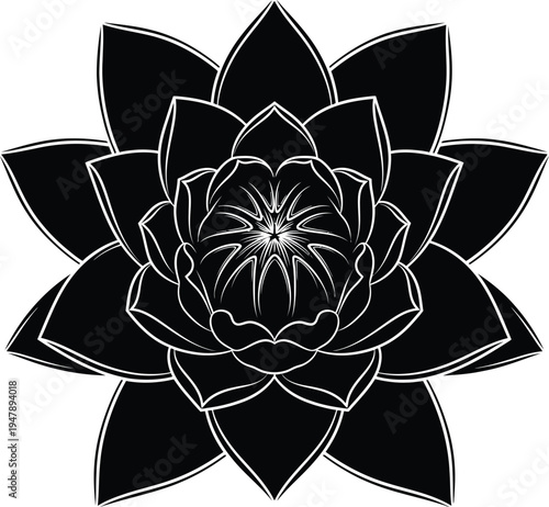 Black and white of a lotus flower with radiating petals symbol nature