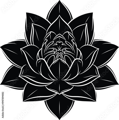 Black and white stylized lotus flower symmetrical floral