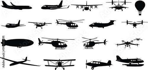 Black Vector Silhouettes Collection of Aircraft Including Commercial Airplanes Helicopters Drones Glider Hot Air Balloon Blimp Biplane and Seaplane Isolated on White Background