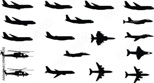 Collection of aviation silhouettes featuring commercial passenger airplanes jet fighters military helicopters and cargo transport planes isolated on white background for graphic design