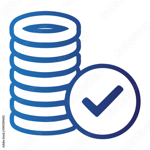 A stack of coins with a checkmark symbol on a white background represents finance.