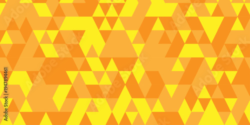 Abstract geometric wall tile and metal cube background triangle wallpaper. Seamless geometric pattern low polygon backdrop background. Orange and yellow diamond overlap polygonal background.