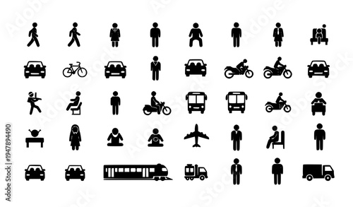 People and transportation silhouette icons set with vehicles and human figures grid vector collection isolated on white background