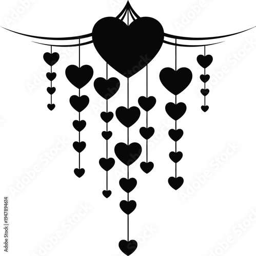 Black heart shapes hanging from curved line hearts love symbol