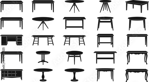 Collection of Silhouette Table Icons Featuring Various Furniture Styles Including Dining Desks Coffee and Office Tables Isolated on White Background for Interior Design Graphic Elements