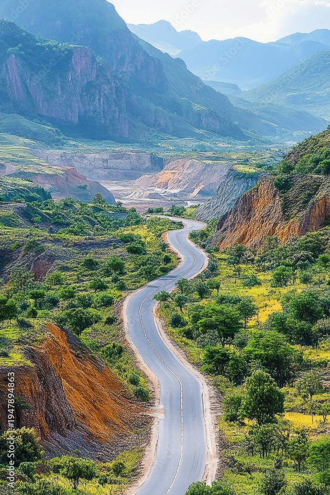 Fototapeta premium serene winding road through green valley with rocky cliffs and misty blue mountains in the distance