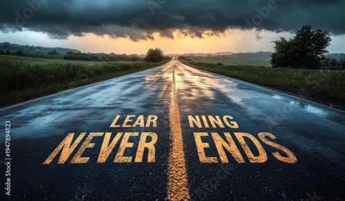 Wet rural road with reflective yellow centerline and painted words learning never ends leading to a glowing horizon under storm clouds, dramatic hopeful mood